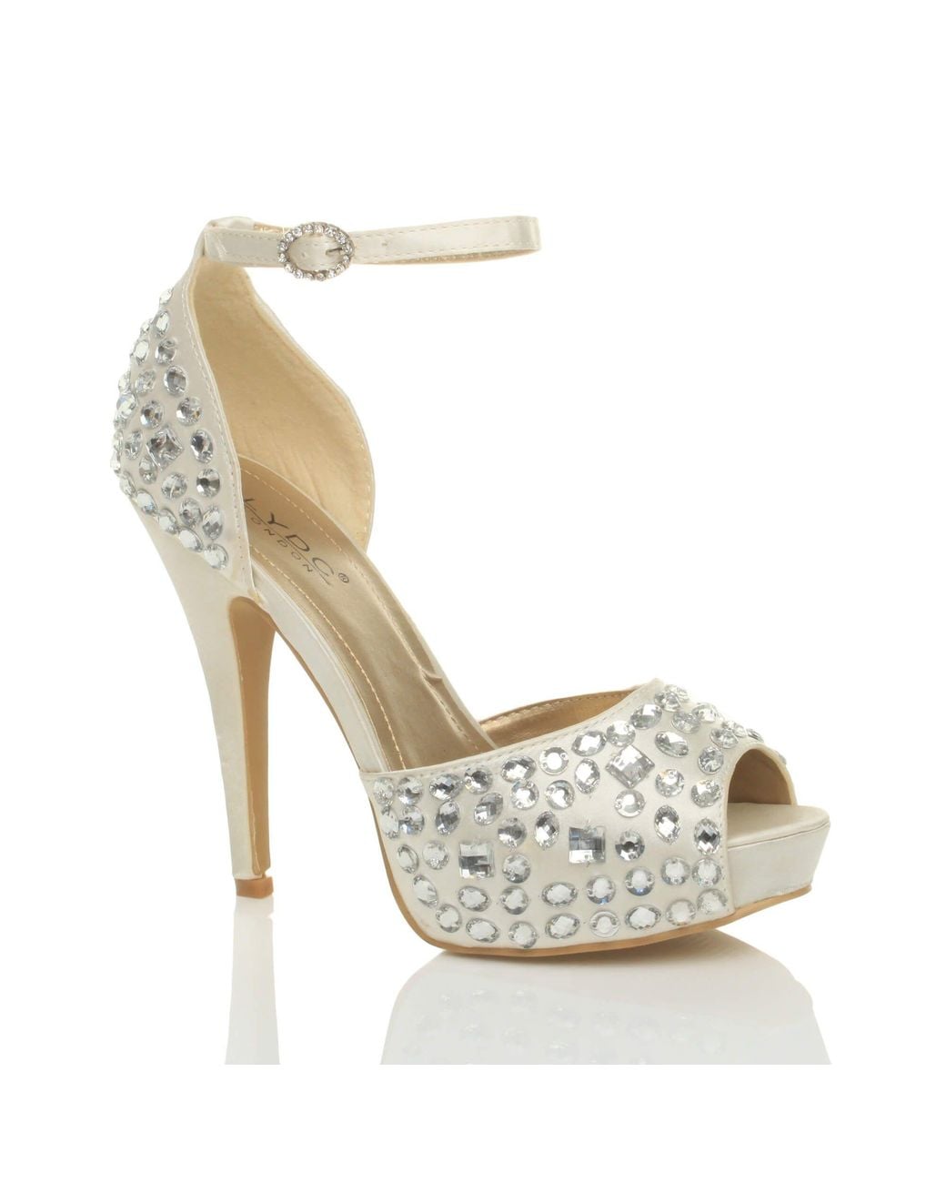 AJVANI Metallic High Heel Gem Ankle Strap Peep Toe Satin 2 Part Heels