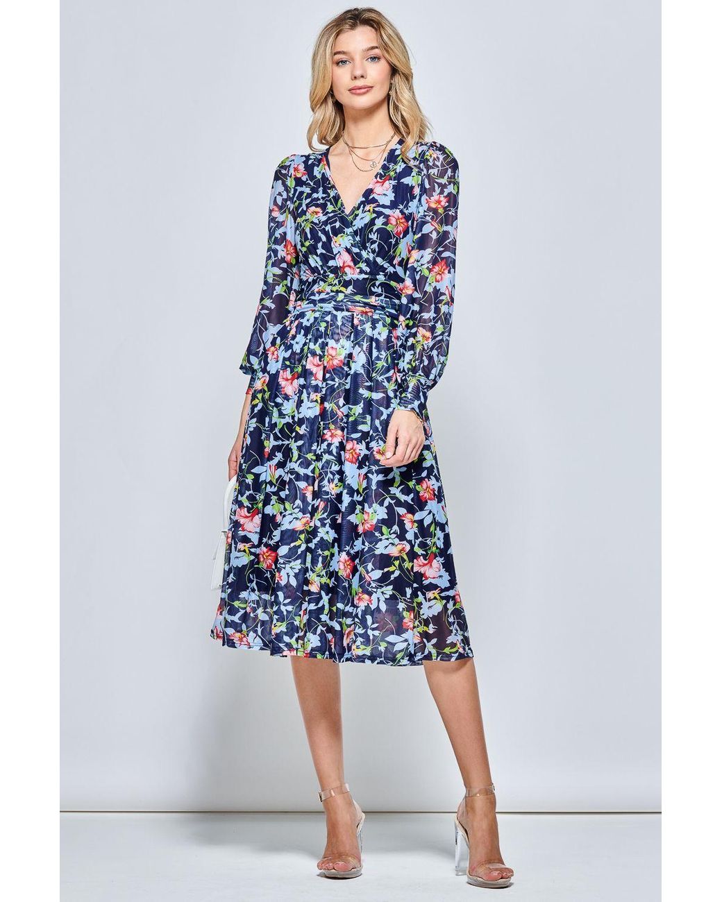 Jolie Moi Blue Floral Long Sleeve Mesh Midi Dress