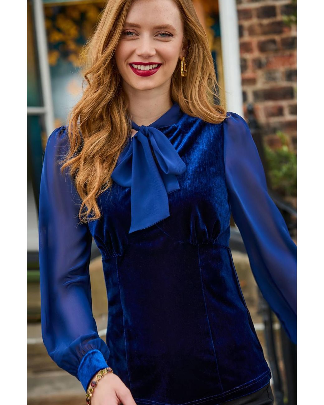 Joe Browns Blue Velour Tie Neck Top With Woven Sleeve
