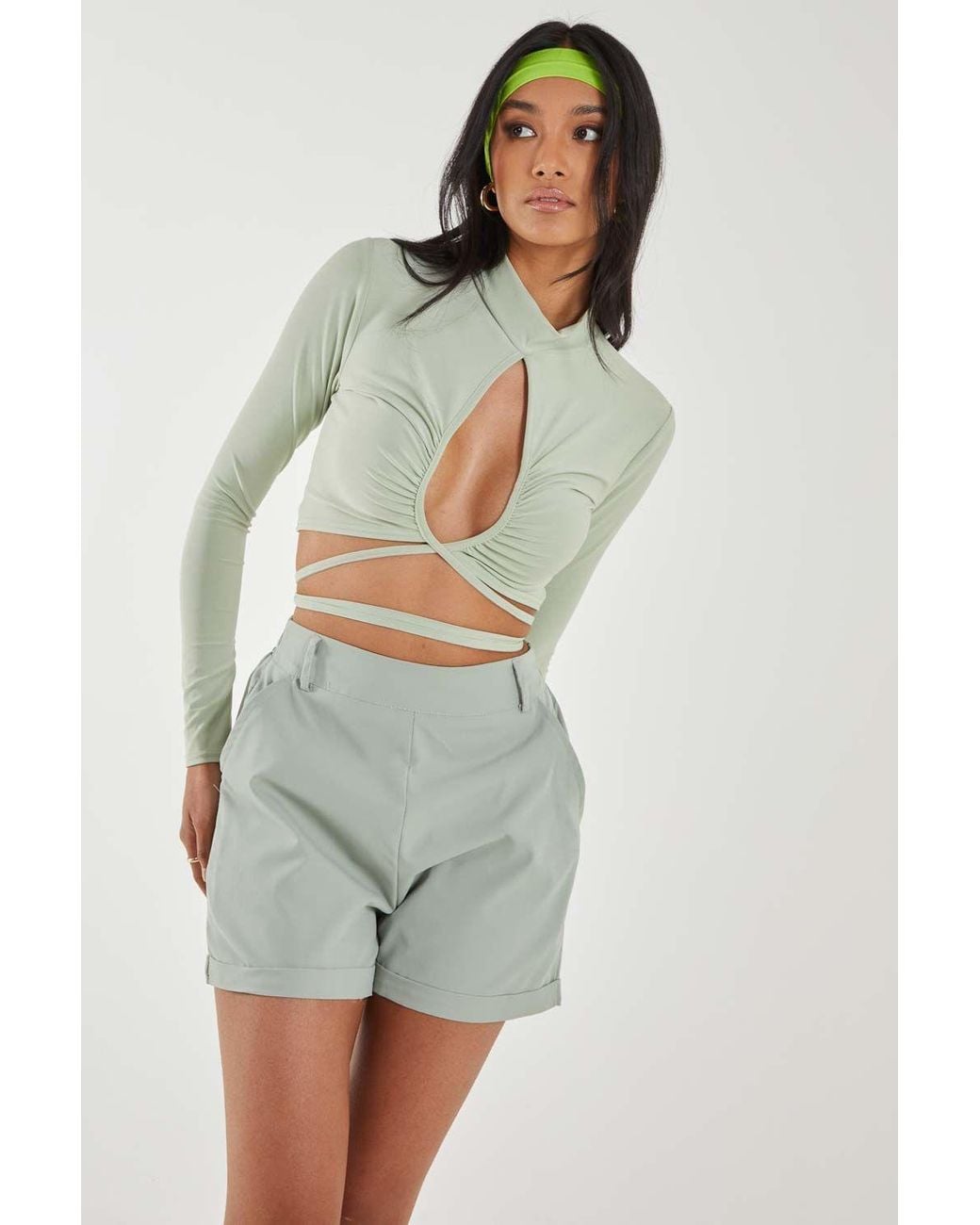 Pink Vanilla Green Keyhole Tie Front Long Sleeve Top