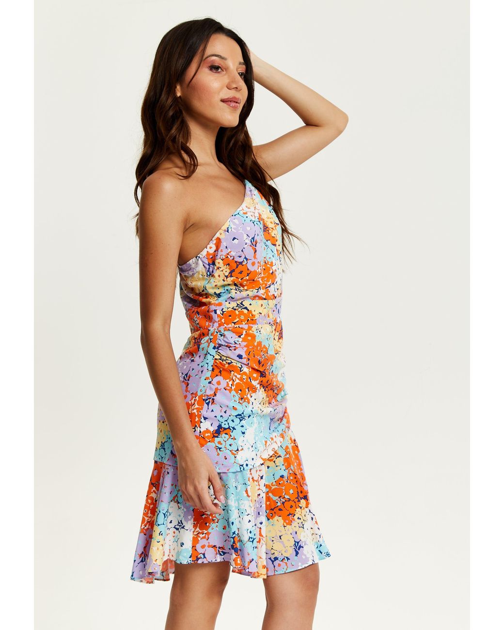 Liquorish Red Multicolour Floral Print One Shoulder Mini Dress