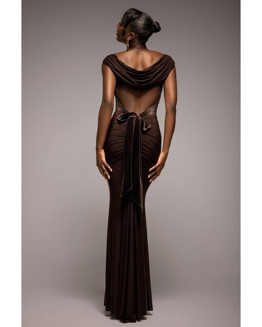Goddiva Brown Open Back Cowl Neck Gathered Maxi Dress With Velvet Tie Back