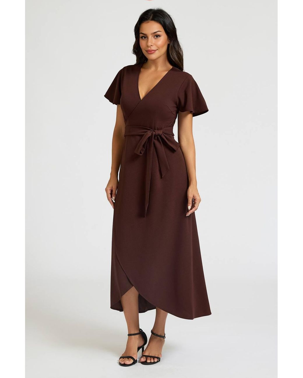FS Collection Brown Flutter Sleeve Wrap Front Midi Dress