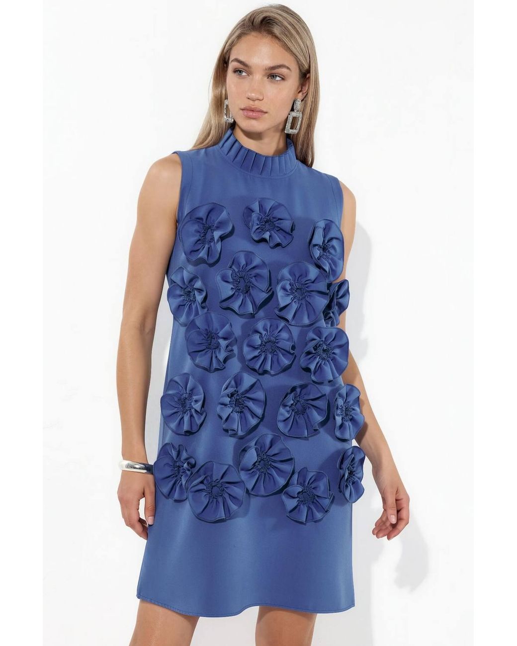 Msn-Collection Blue Embroidered Sleeveless Mini Dress