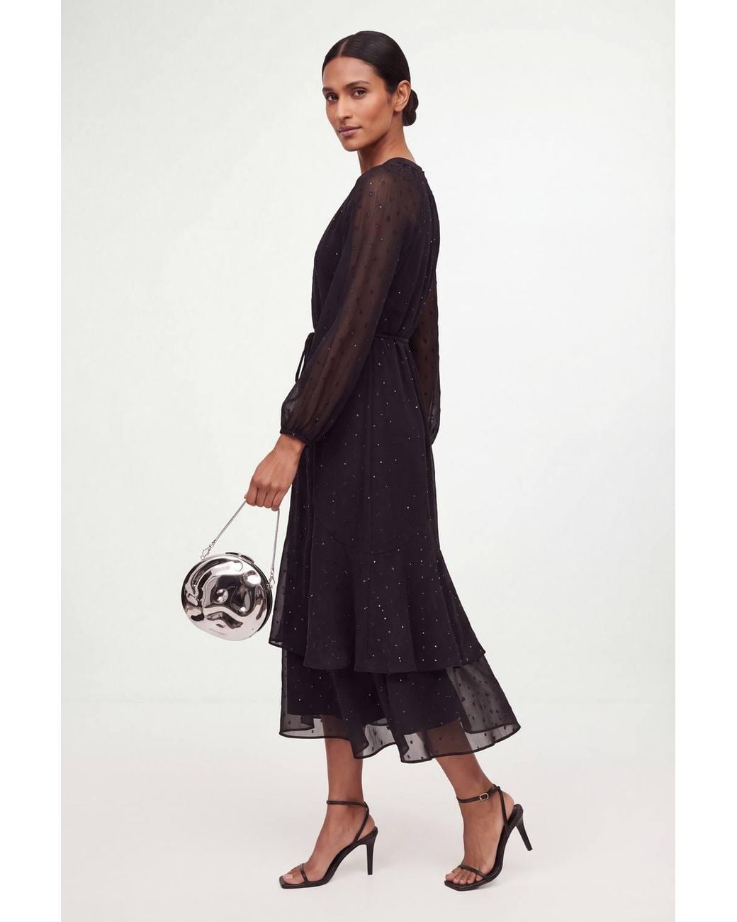 Wallis Black Printed Metallic Twist Neck Midi Dress