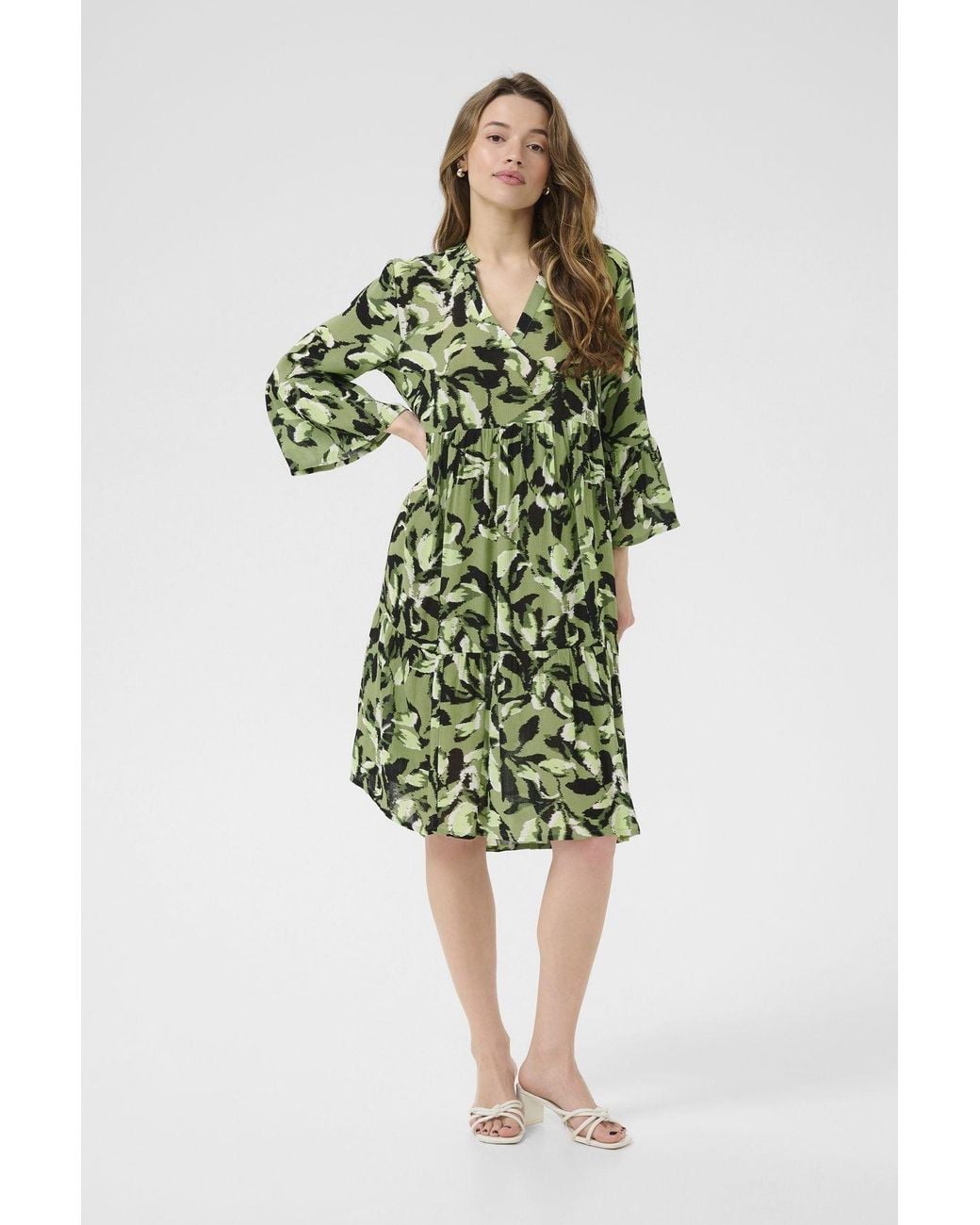 Kaffe Green Edita Tiered Knee-Length V-Neck Dress