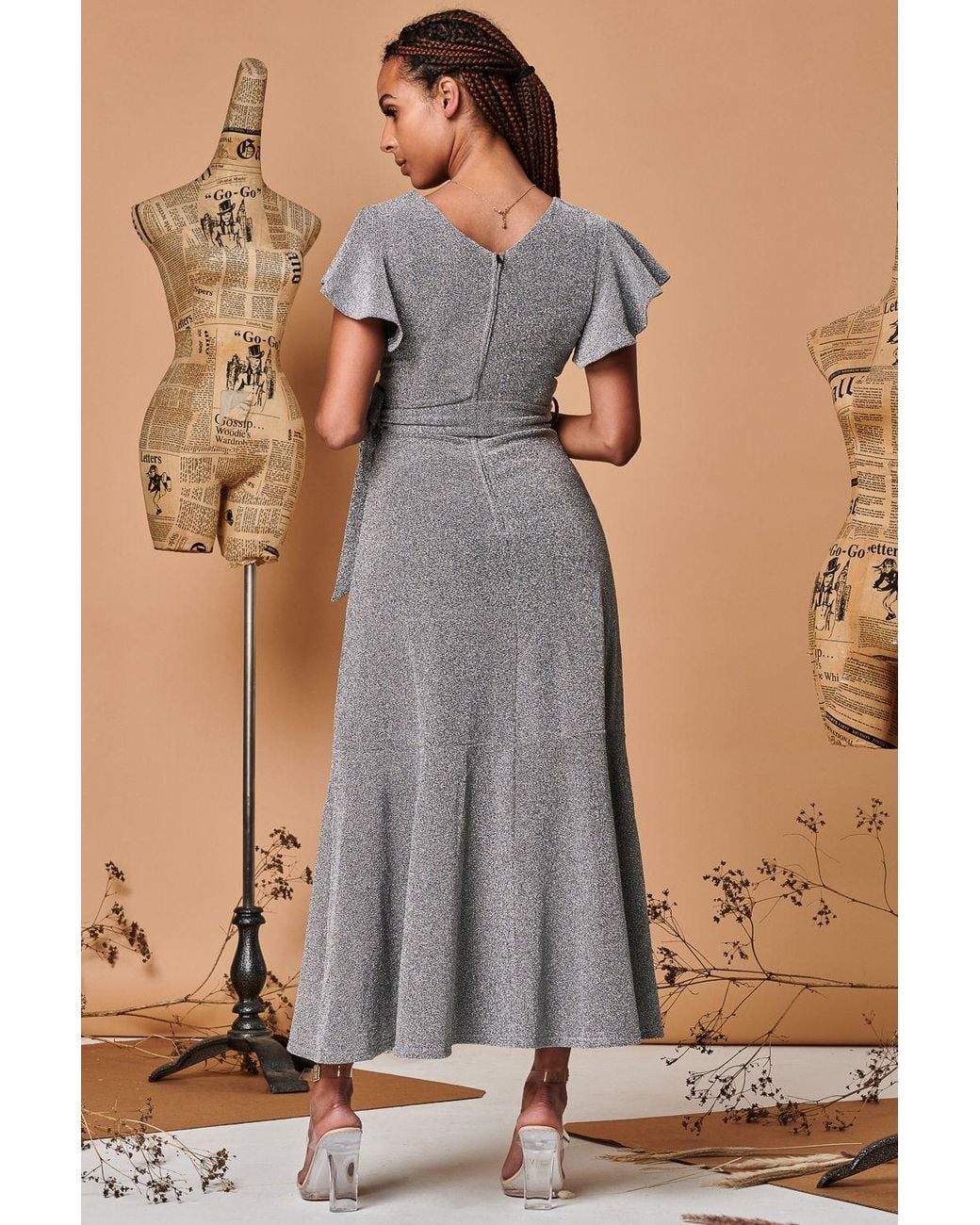 Jolie Moi Brown Metallic Effect Ruffle Hem Maxi Dress