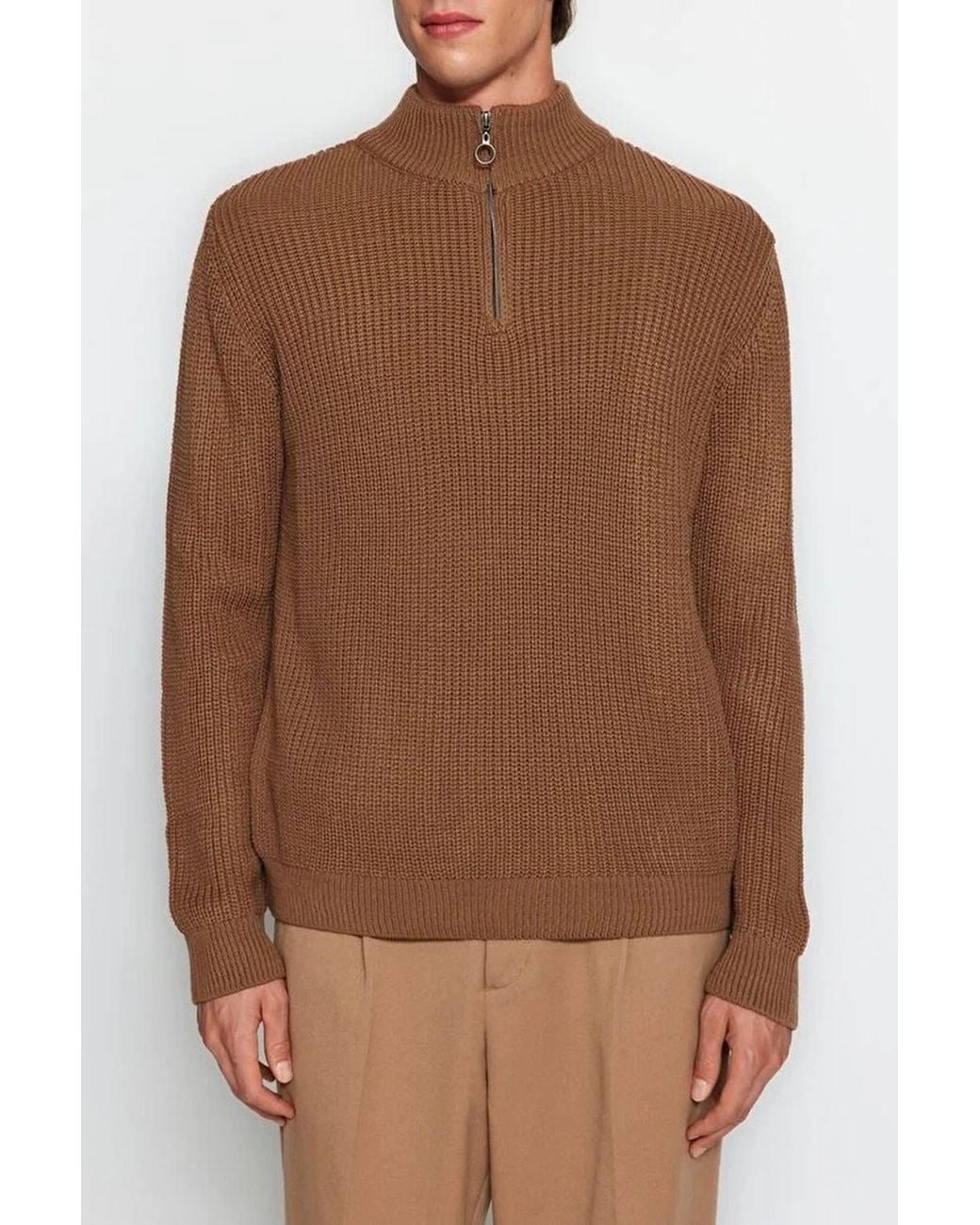 WOVCOR Brown Regular Fit Half Zip Funnel Neck Sweater for men