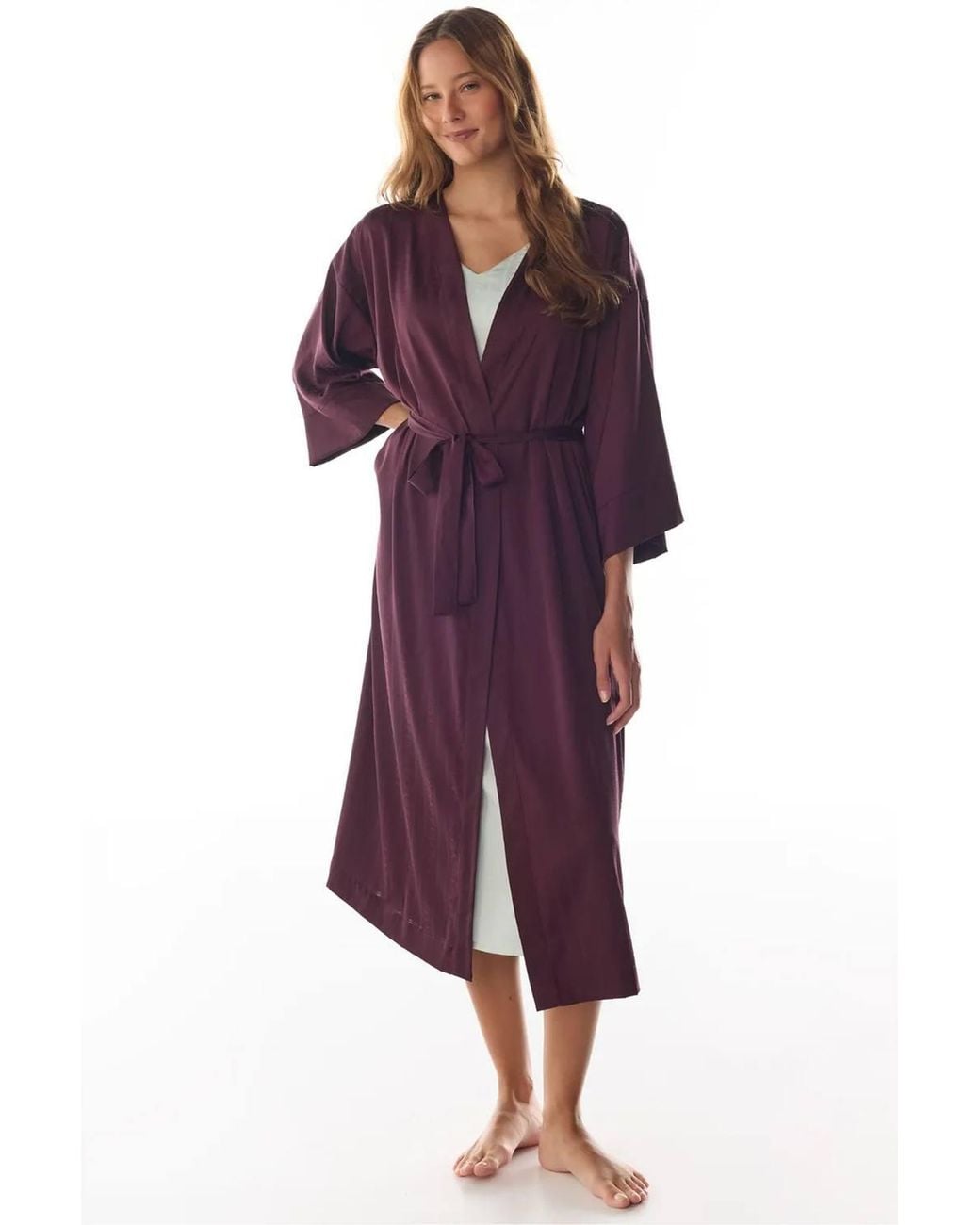 Penti Purple Aurora Floral-Sleeve Satin Robe