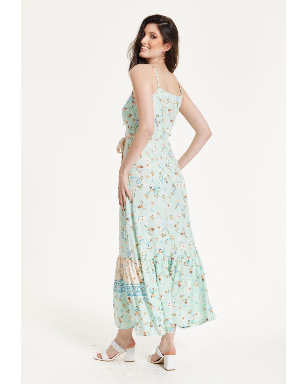 Liquorish Blue Mint Boho Floral Tie Front Maxi Dress