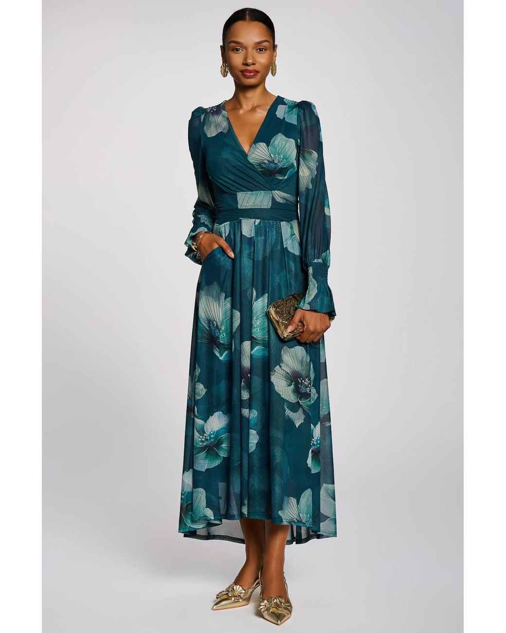 Jolie Moi Blue Long Sleeve V Neck Mesh Maxi Dress