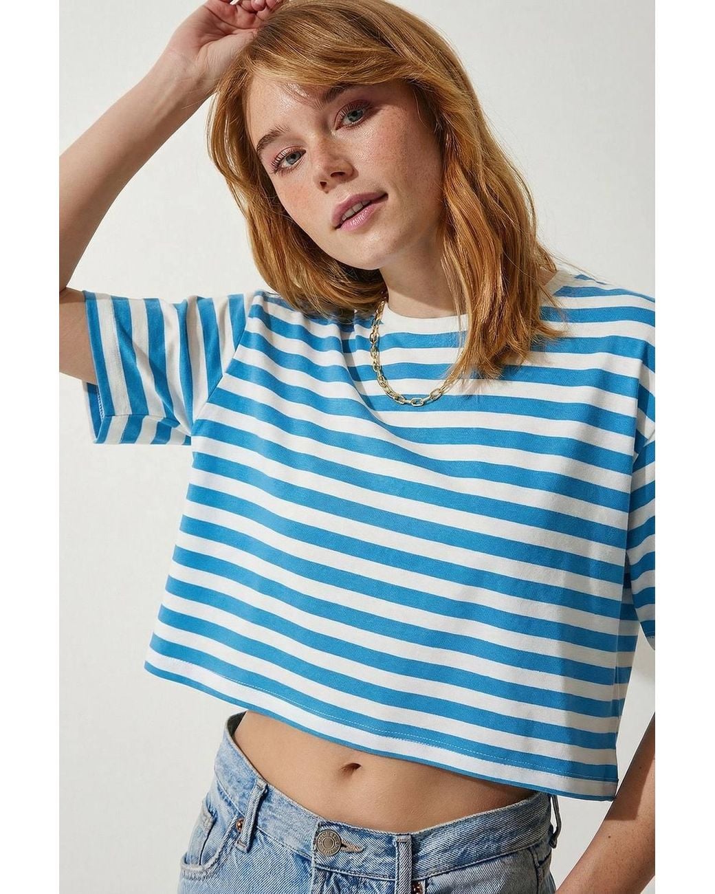 Happiness İstanbul Blue Oversized Striped Crop Crew-Neck T-Shirt