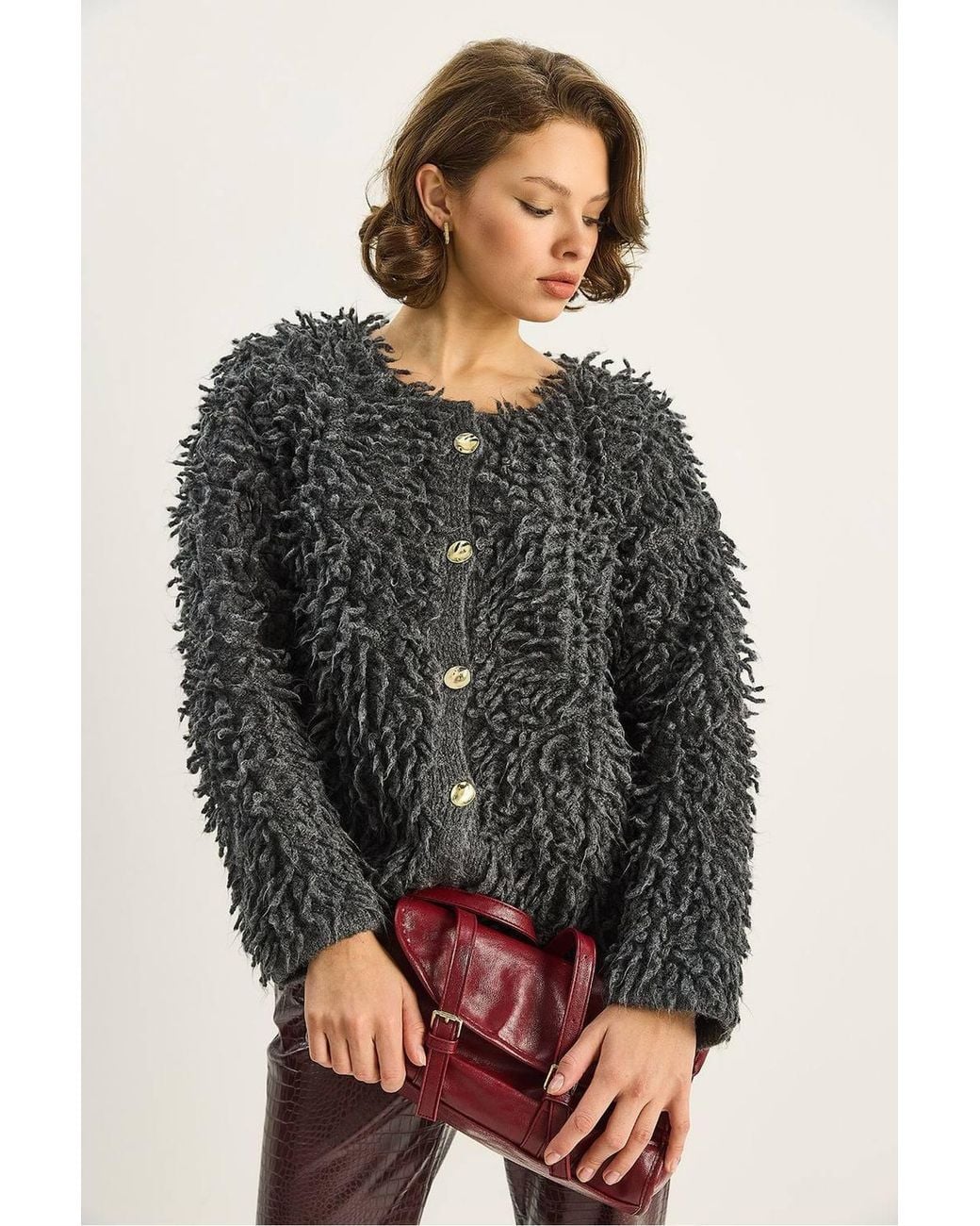 Bianco Lucci Black Textured Button-Up Cardigan