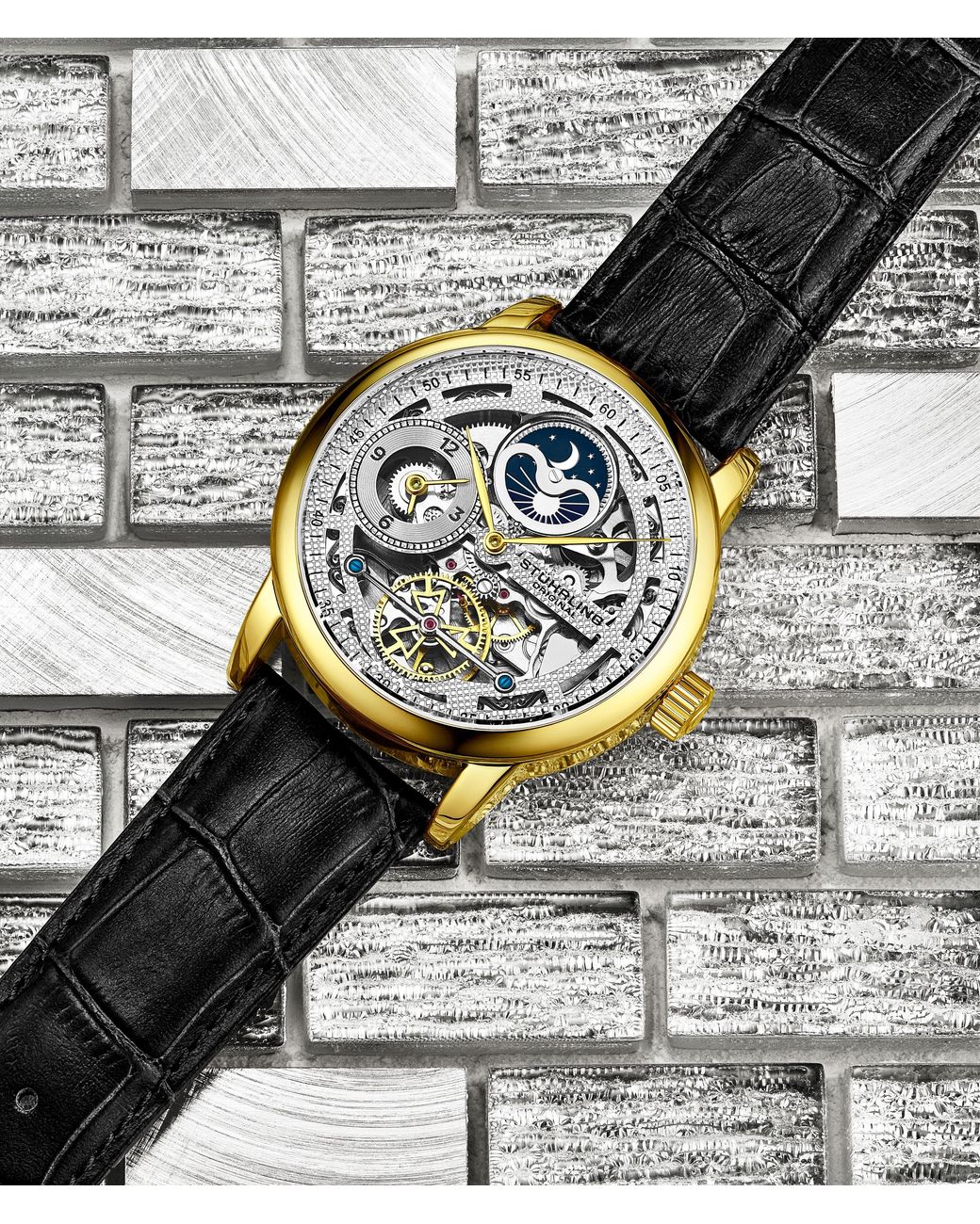 Stuhrling Gray Stuhrling 3917 Automatic Skeleton Watch Dual Time Subdial, Am/Pm Indicator, & Alligator-Embossed Leather Strap For for men