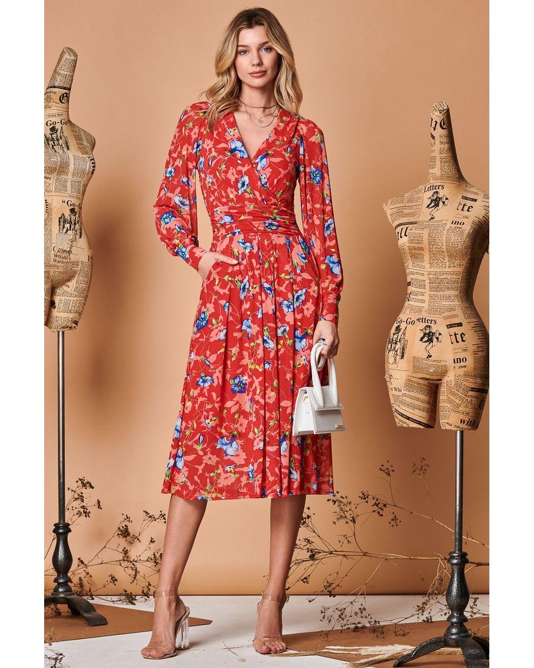Jolie Moi Red Floral Long Sleeve Mesh Midi Dress