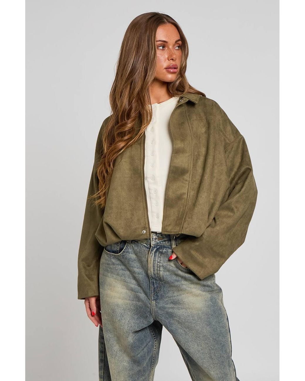 Urban Bliss Green Suede Collared Bubble Hem Jacket