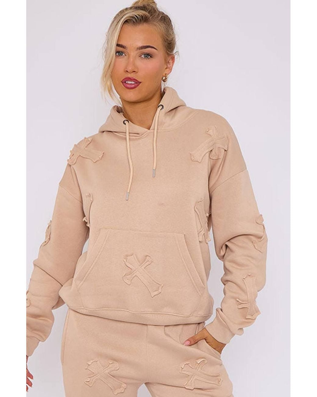 Stylewise Natural Oversized Crucifix Embroidered Hooded Fleece Co-Ord