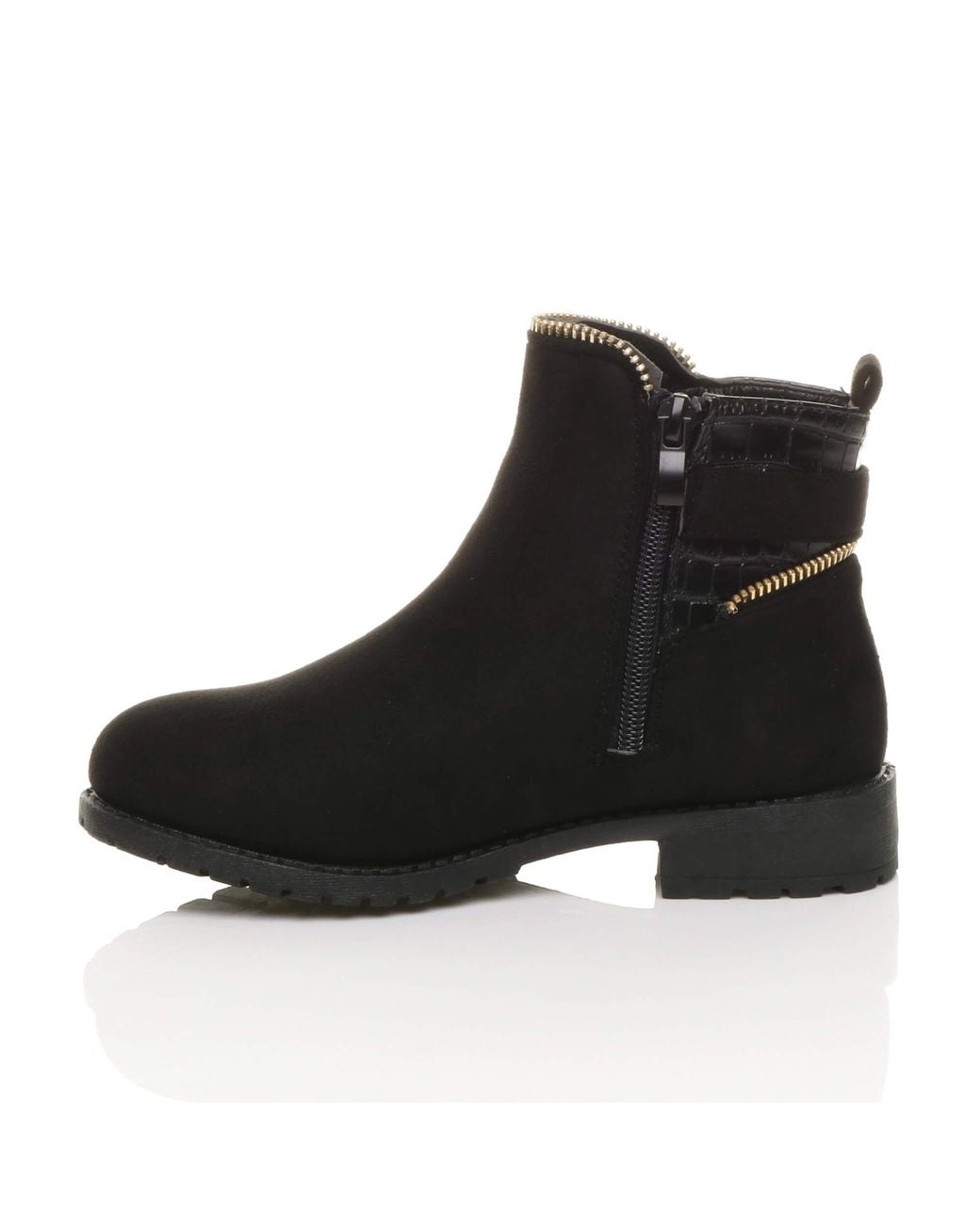 AJVANI Black Flat Heel Zip Biker Faux Suede Ankle Boots