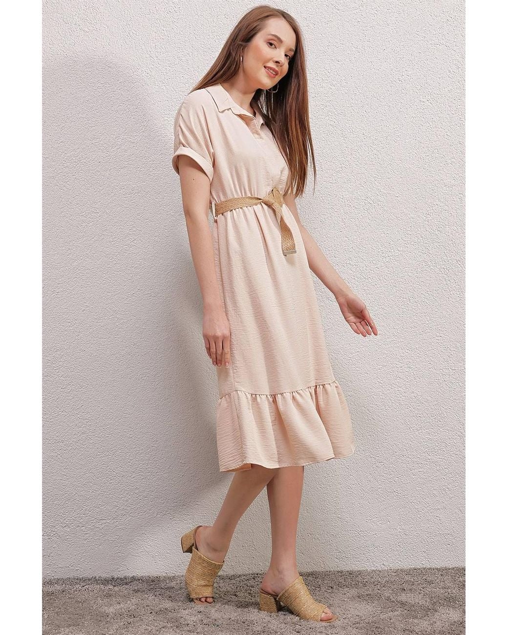 Bigdart Natural Textured Belted Midi Dress With Shirt Collar