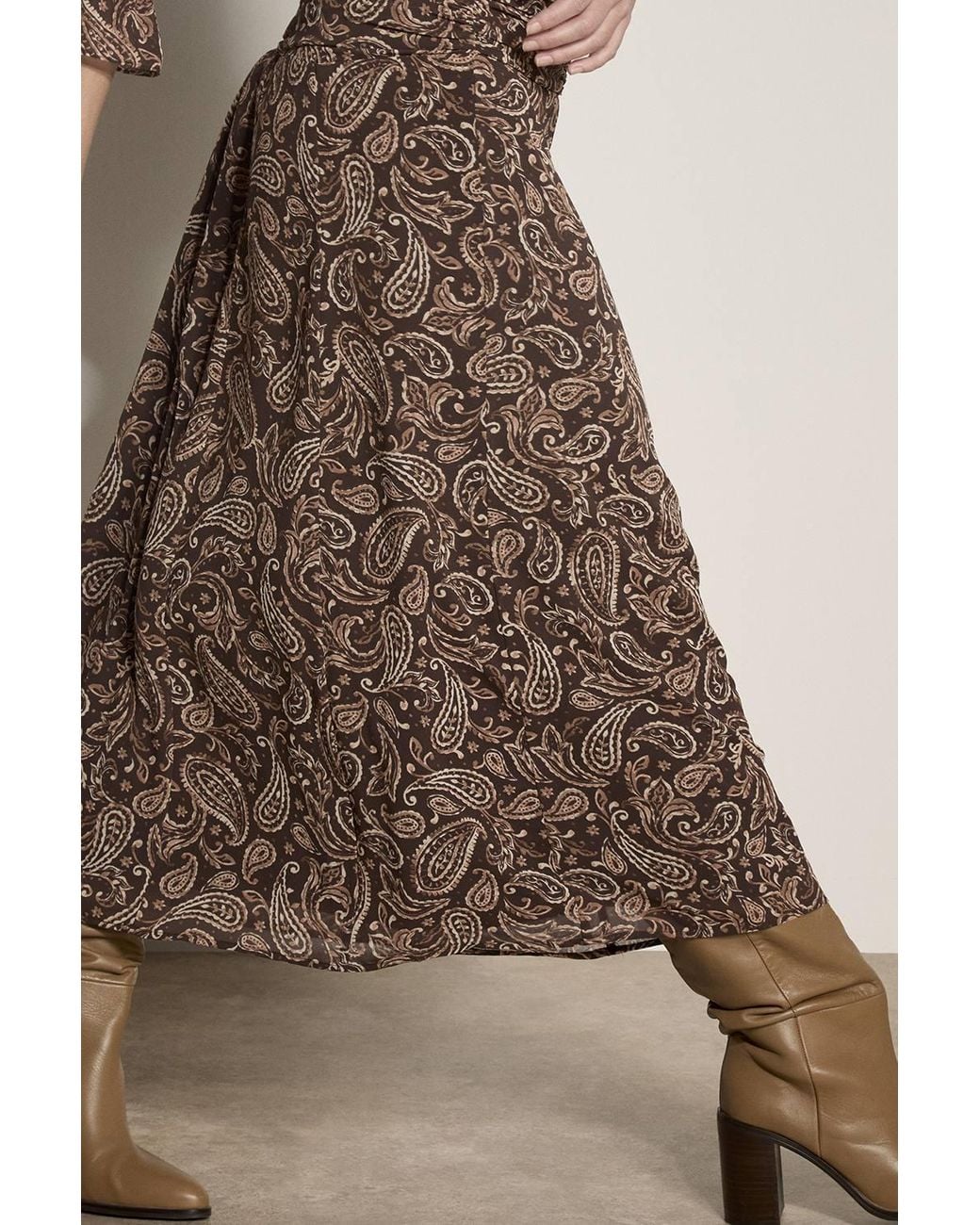Apricot Brown Chiffon Paisley A-Line Midaxi Skirt