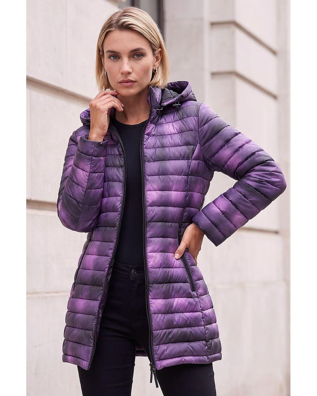 Roman Purple Check Print Quilted Puffer Coat