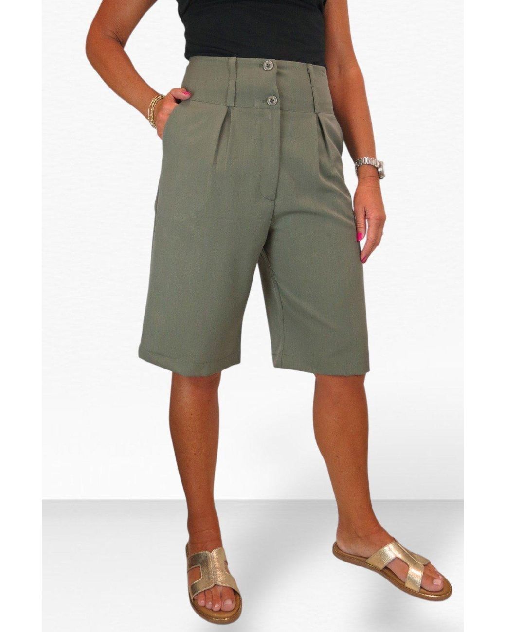 Paulo Due Green Tailored Wide Leg Knee Shorts