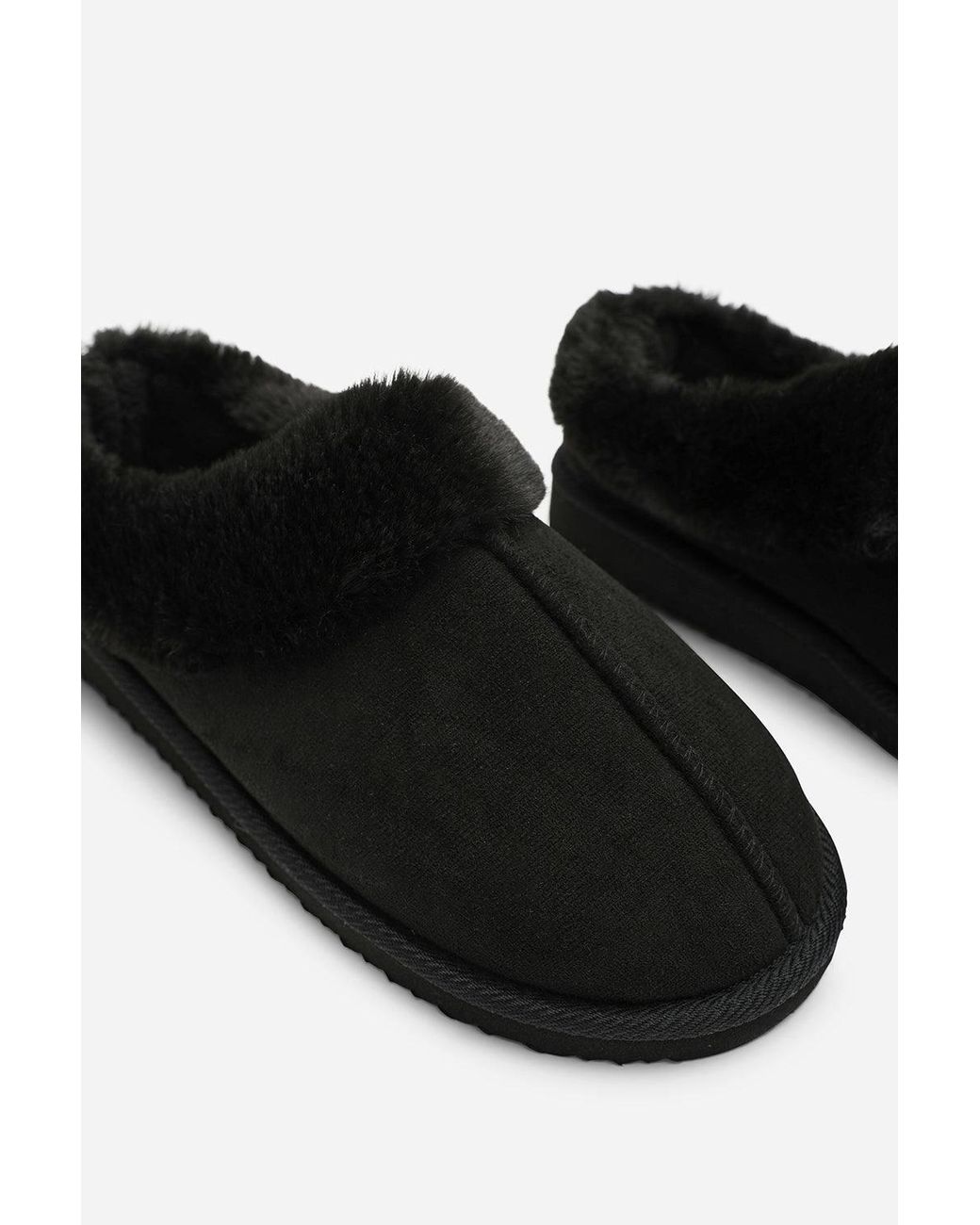 Where's That From Black Inaya Mule Slippers With Faux Fur Collar Trim