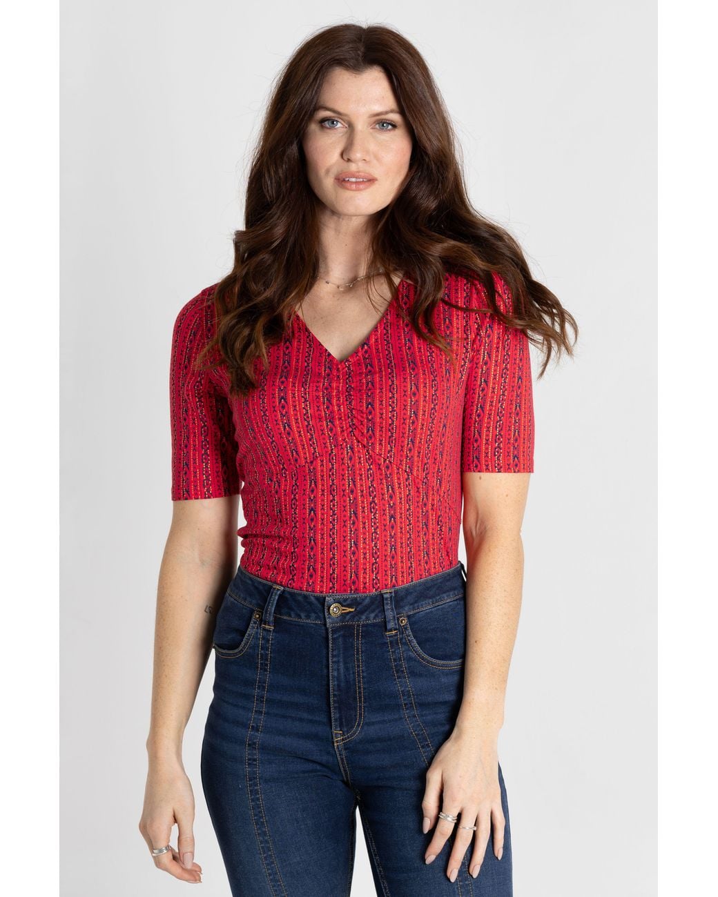 Enorsia Red Short Sleeve Shimmer Printed Viscose Top