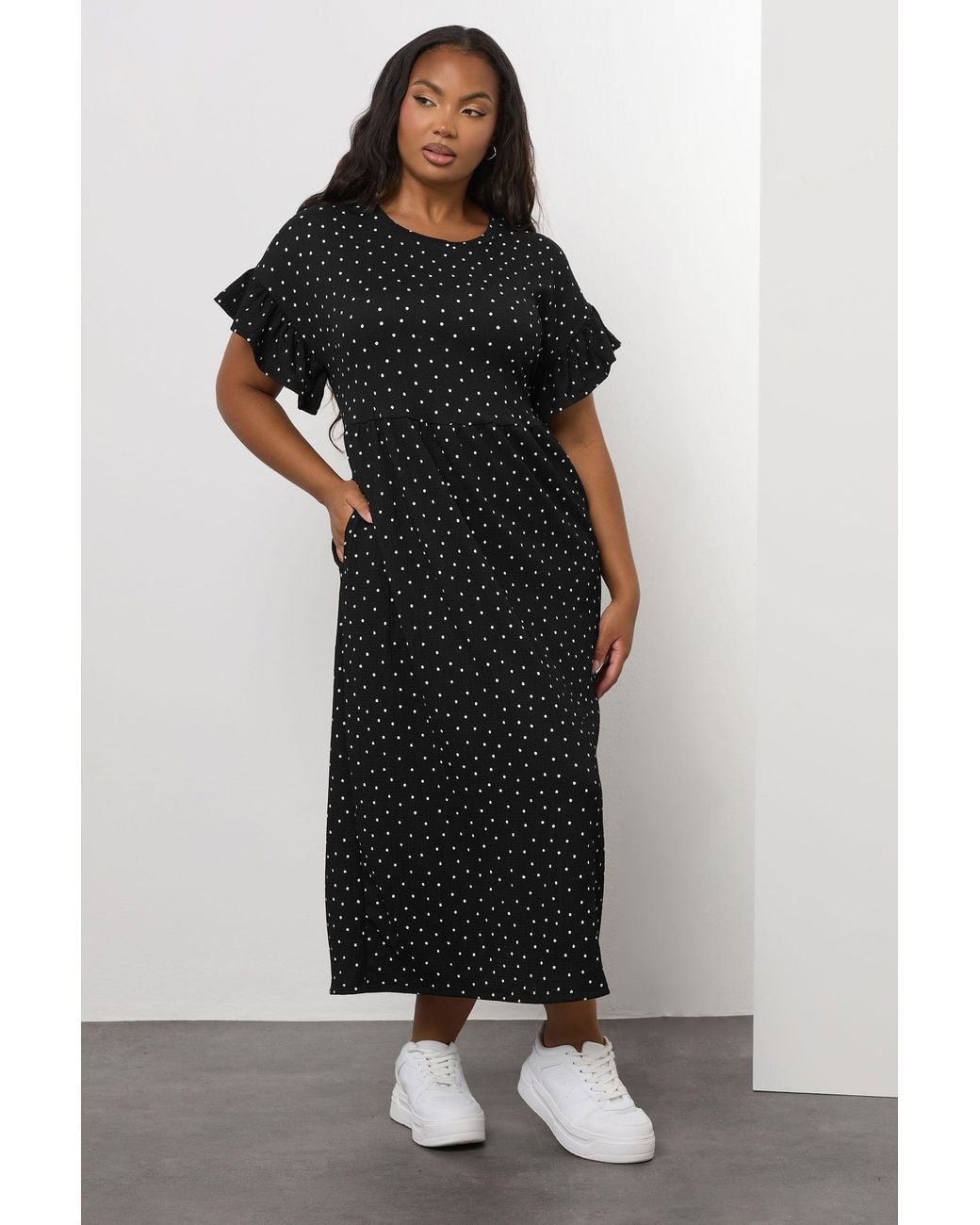 Yours Black Polka Dot Frill Sleeve Midi Dress