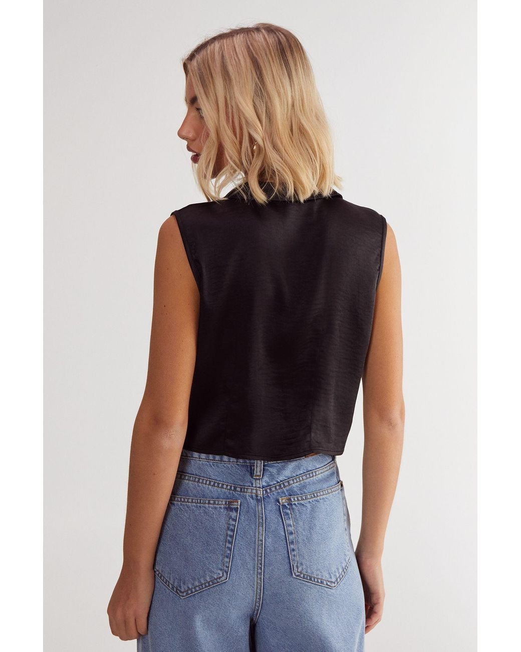 Nasty Gal Blue Textured Satin Tie Front Collared Top