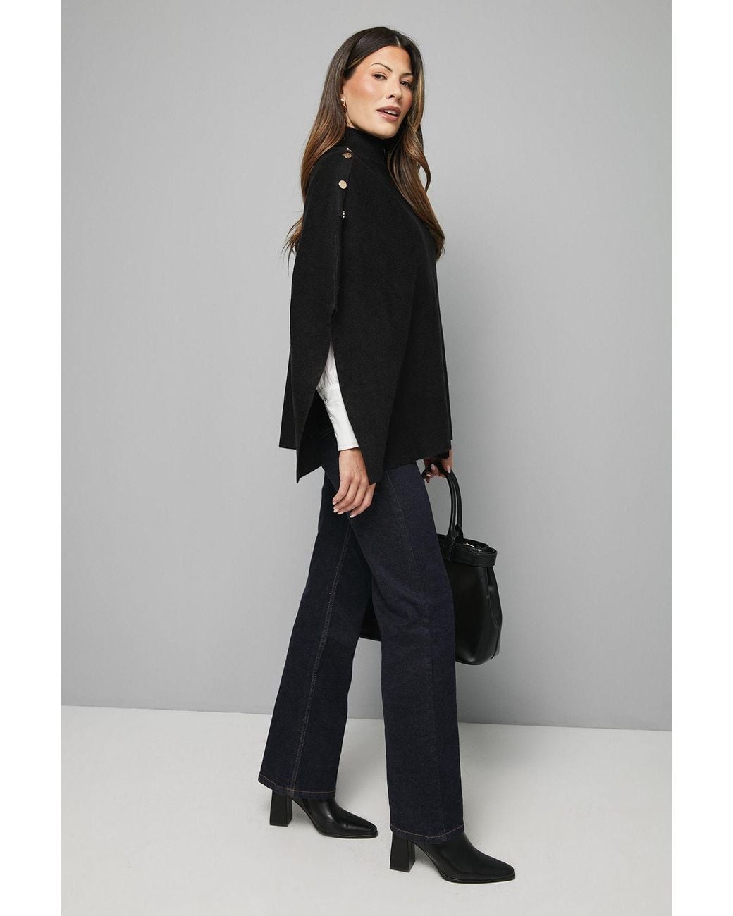 Wallis Black Button Detail High Neck Knitted Poncho Jumper
