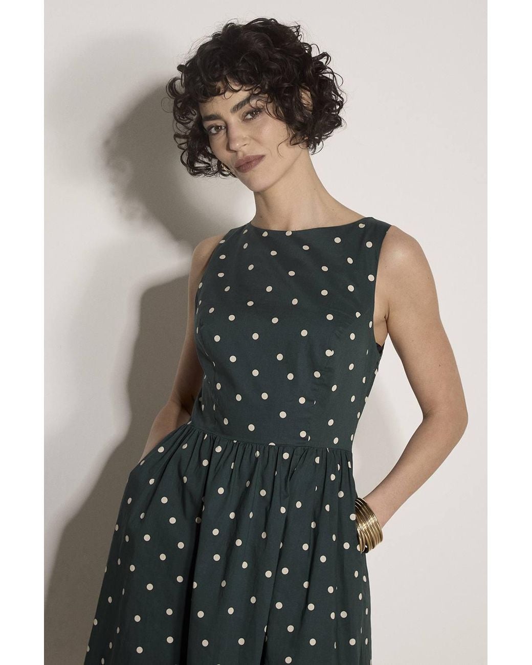 Apricot Green Polka Dot A-Line Cotton Midi Dress