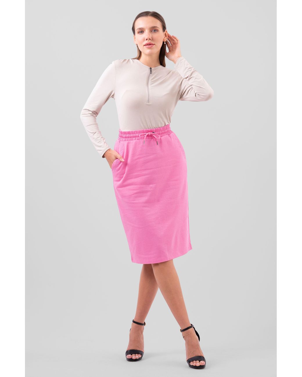 Enorsia Pink Split-Back Terry Jersey Midi Skirt