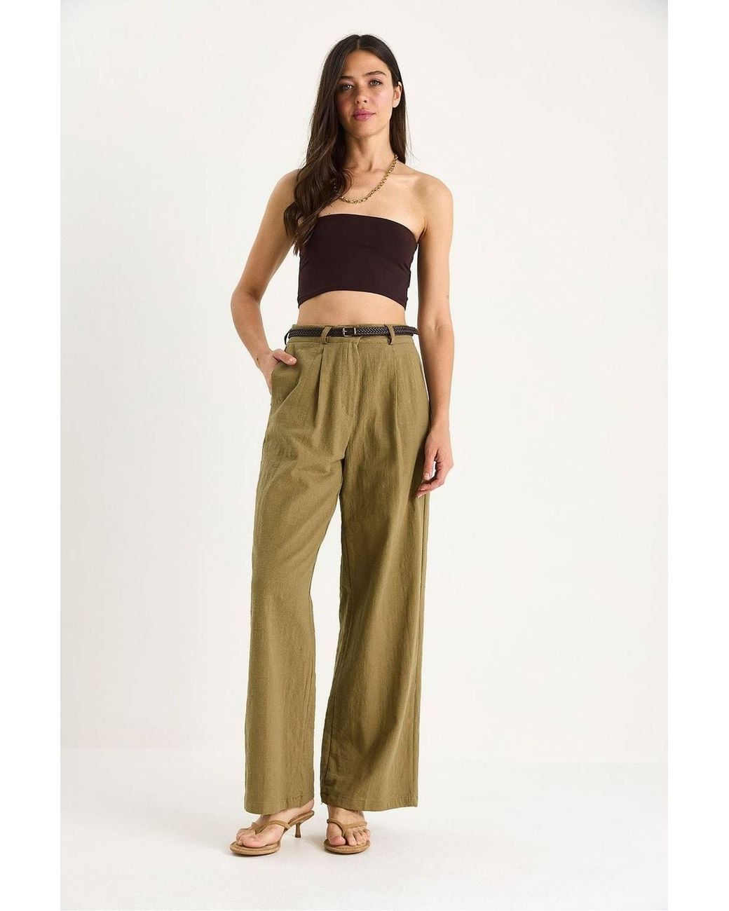 Bianco Lucci Green Textured Palazzo Pants With Pockets