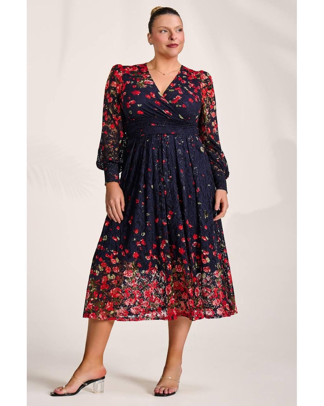 Jolie Moi Red Long Sleeve Printed Lace Maxi Dress