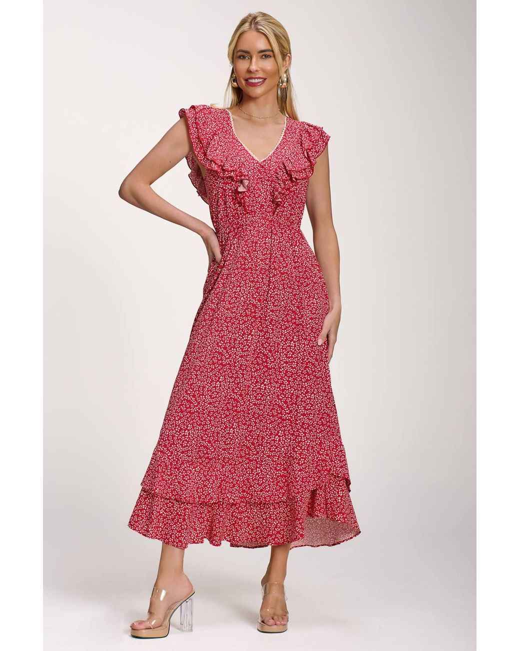 Jolie Moi Red Ruffle V-Neck Viscose Midi Dress