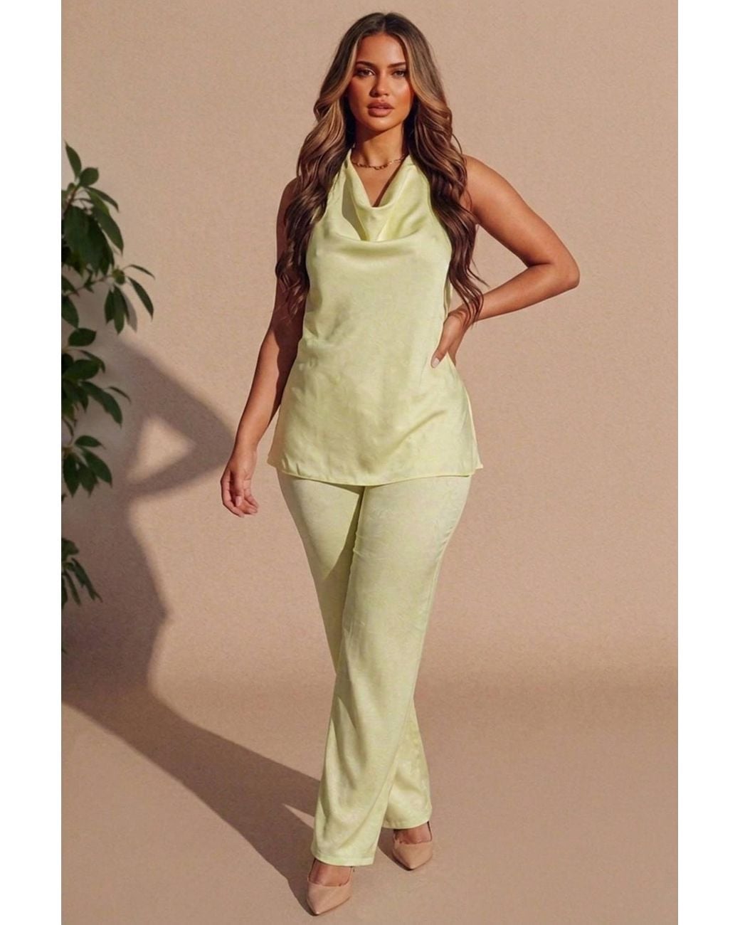 Femme Luxe Natural Cowl Neck Sleeveless Top & Wide Leg Trouser Set
