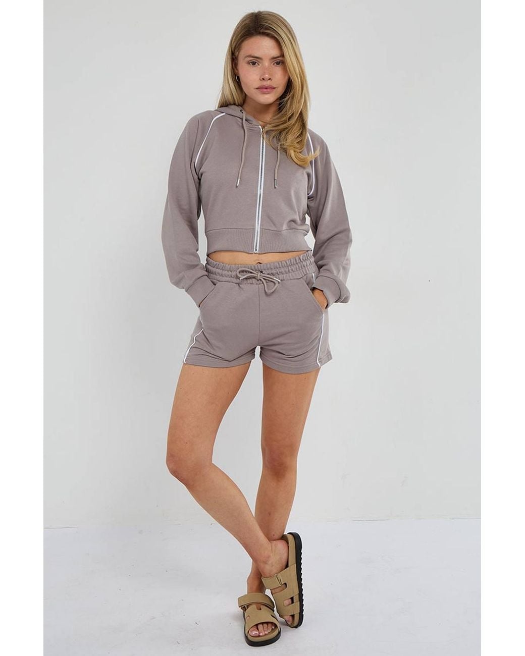 Stylewise Gray Piping Detail Hoodie & Shorts