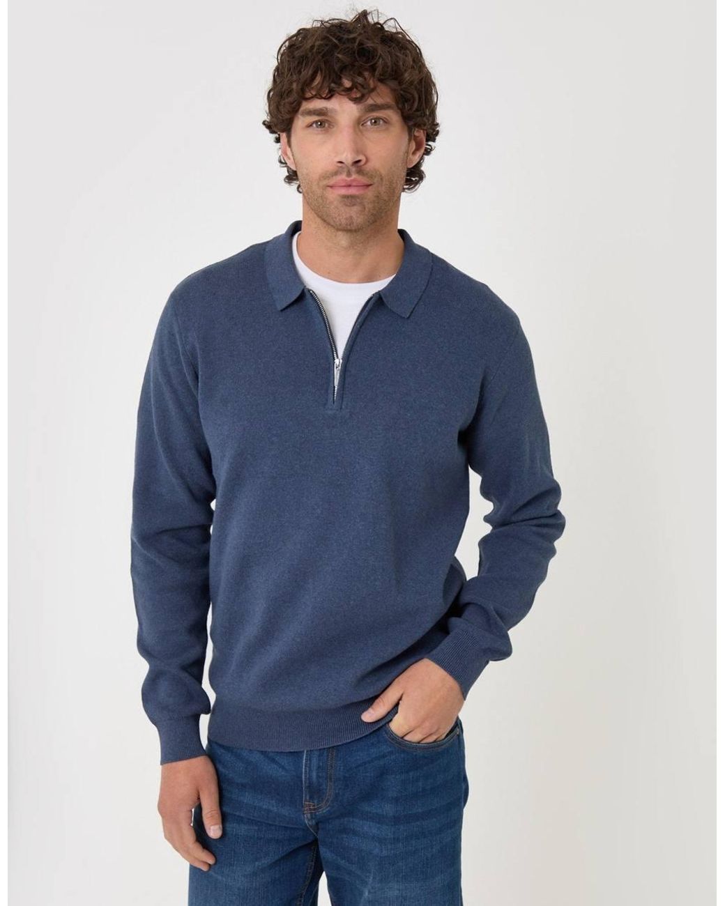 Threadbare Blue Cotton Rich Quarter Zip Long Sleeve Polo for men