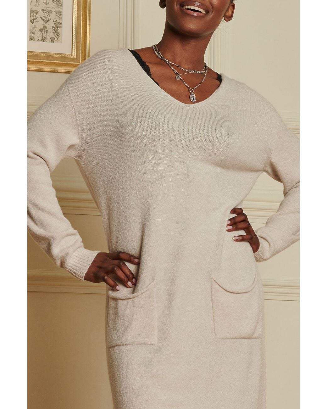 Jolie Moi Natural V Neck Knitted Jumper Dress