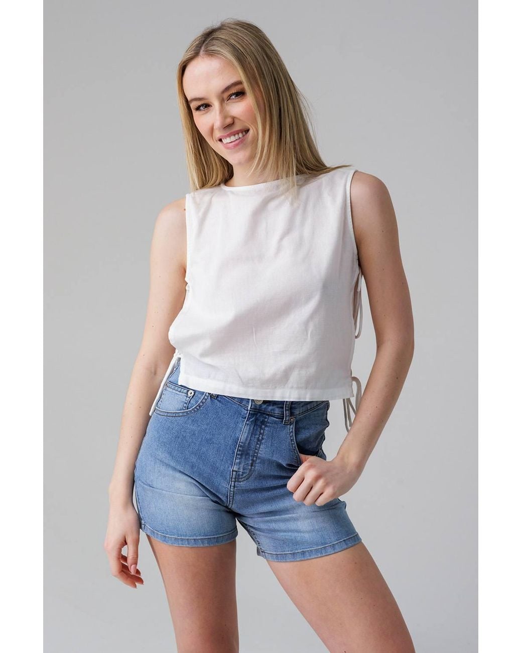 Influence Blue Sleeveless Round Neck Tie Side Shell Top