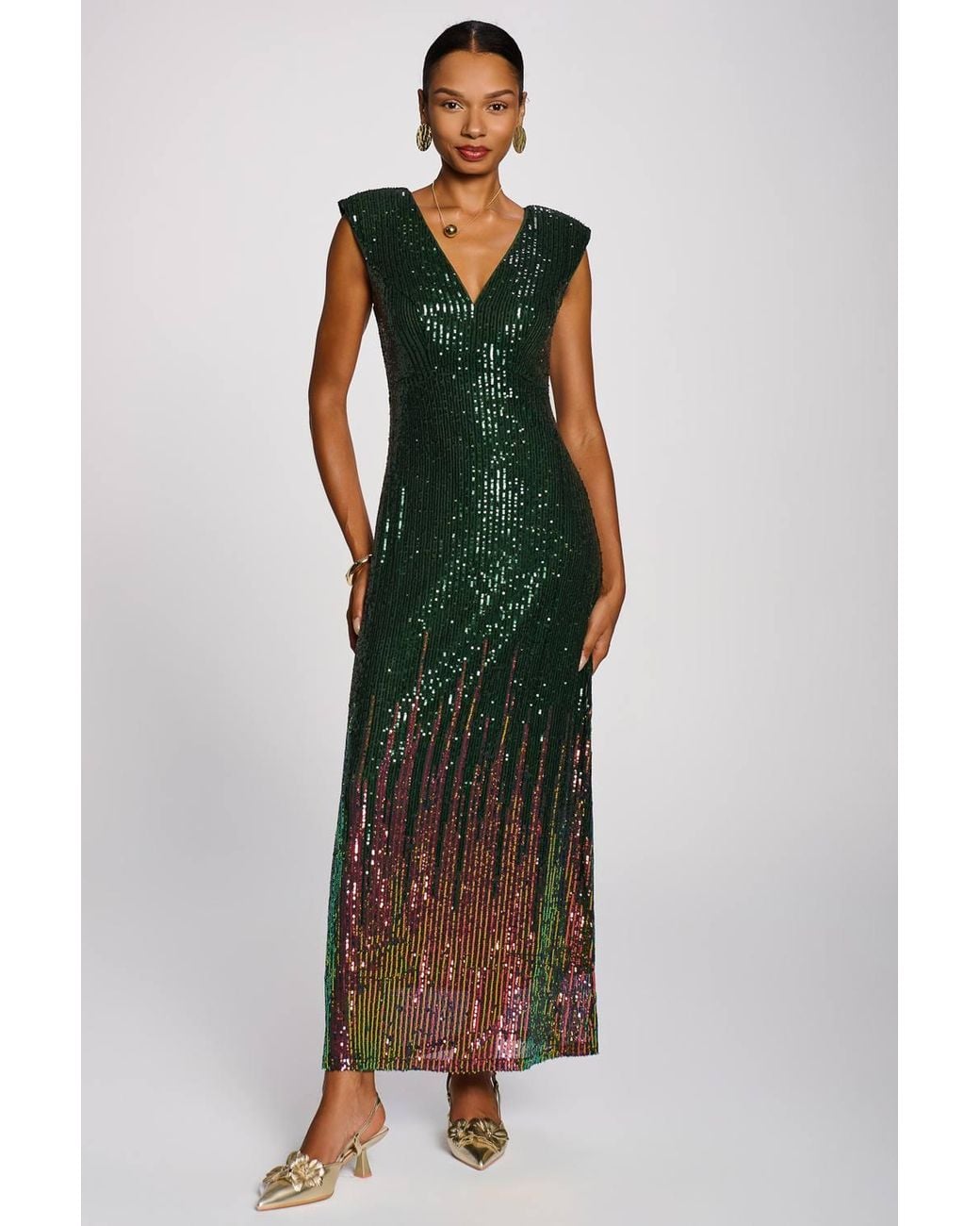 Jolie Moi Green Multi-Tone Patterned Sequin Maxi Dress