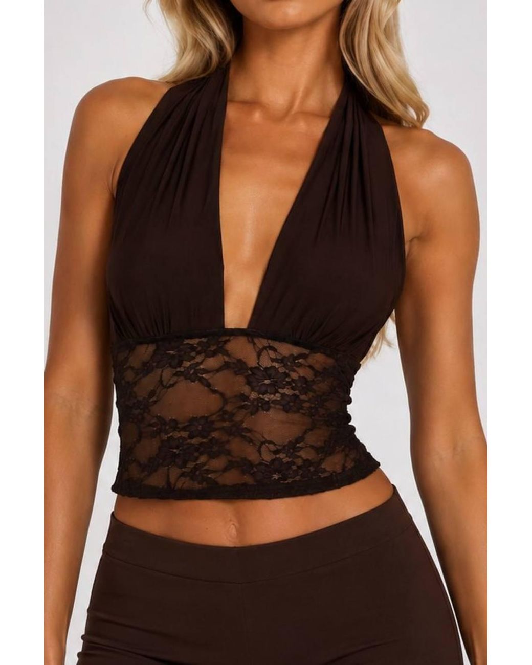 Stylewise Black Lace Panel Halter Neck