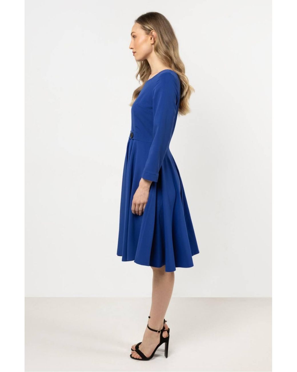 Love Lace Blue Classic Flared Boat Neck Dress With Front Buttons Style 212241