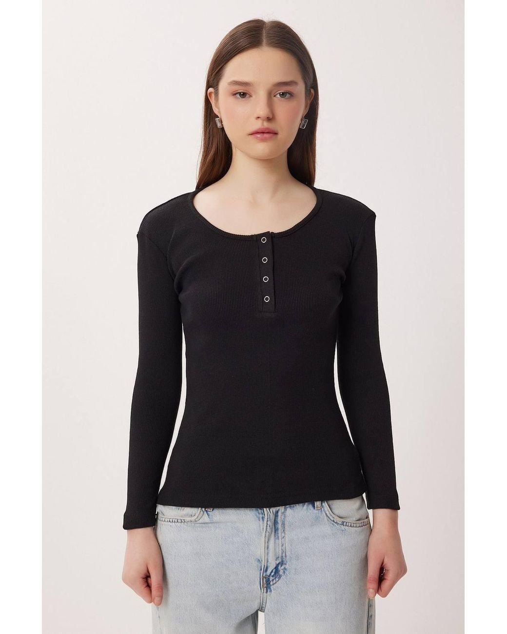 Happiness İstanbul Black Slim Fit Ribbed Button-Up Long Sleeve Blouse