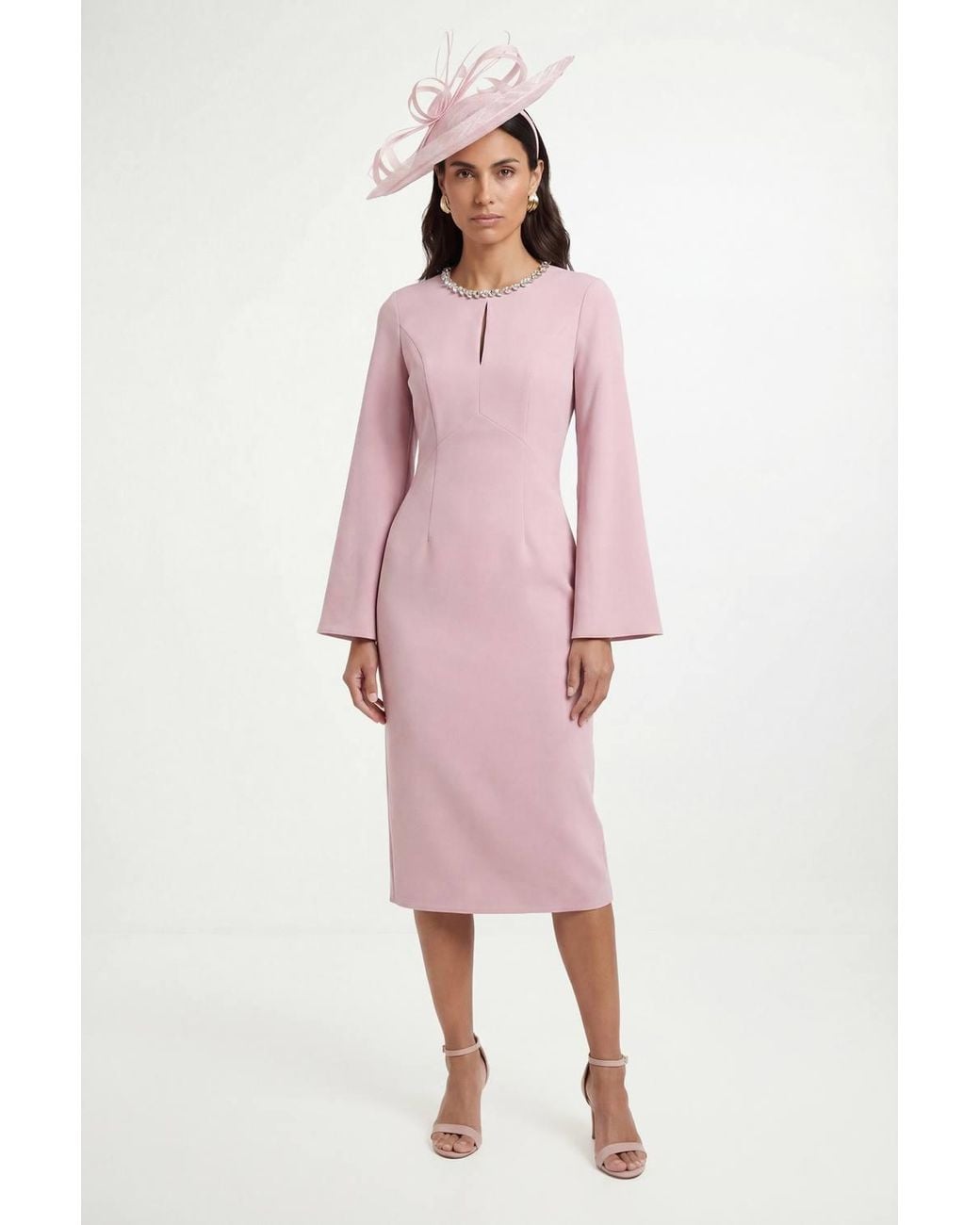 Wallis Pink Crepe Embellished Neck Cape Sleeve Dress