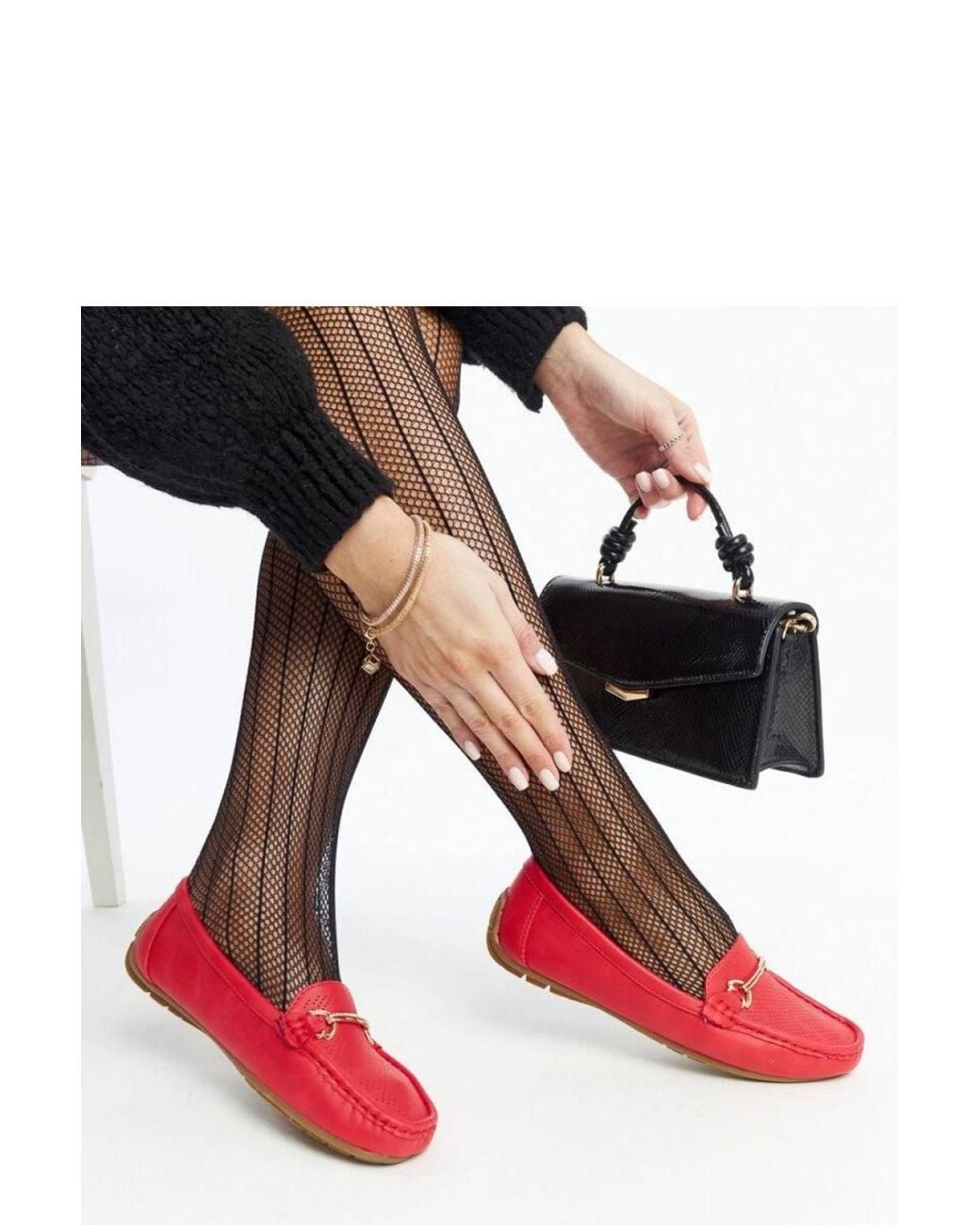 Love Lace Red Moccasin Slip On Flats With Drative Buckle & Rhinestones