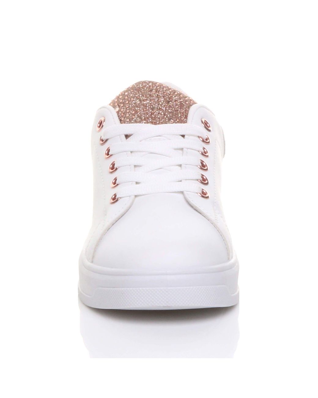 AJVANI White Flat Heel Diamante Sparkly Trainers