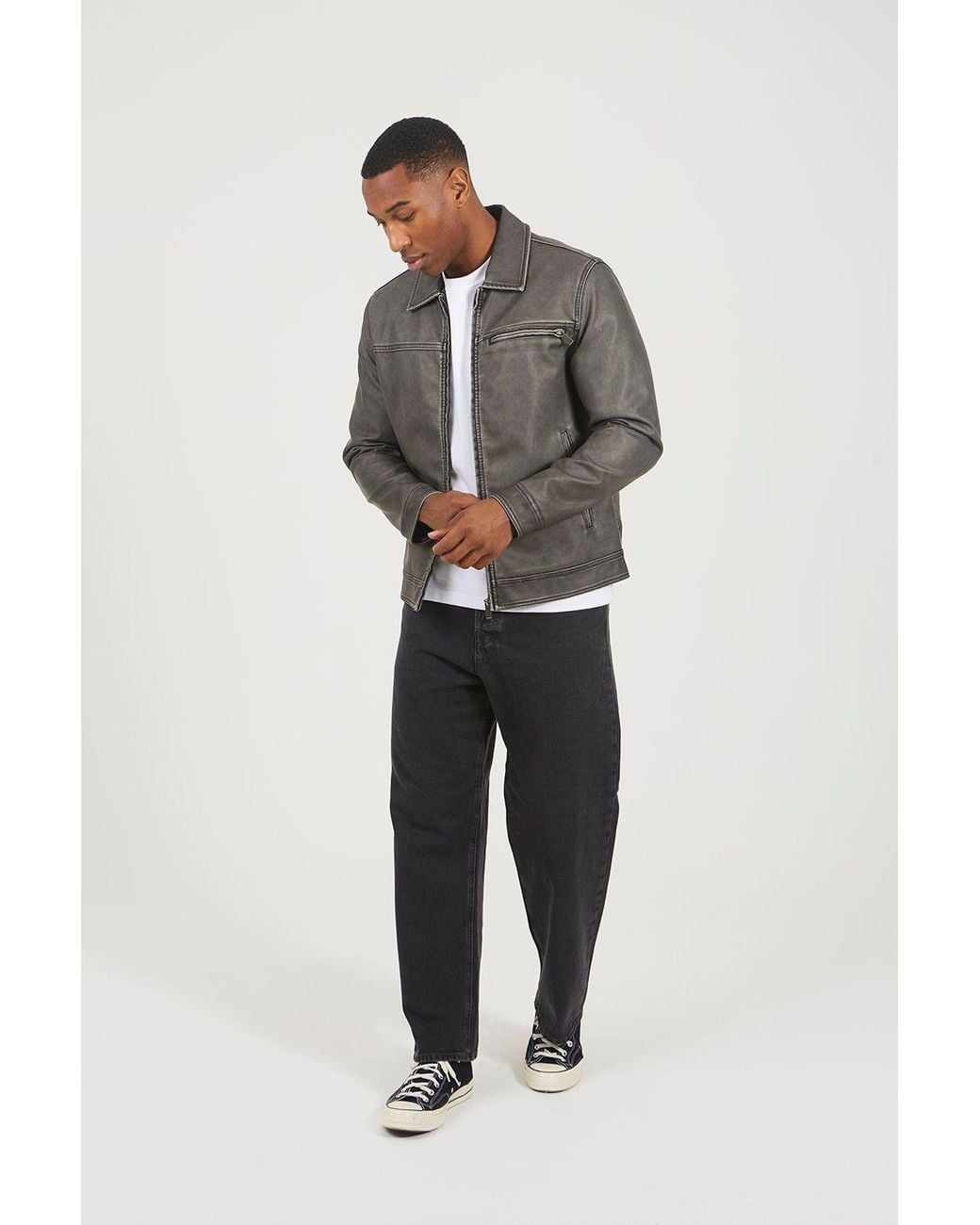 Brave Soul Gray Zip Through Vintage Pu Biker Jacket for men