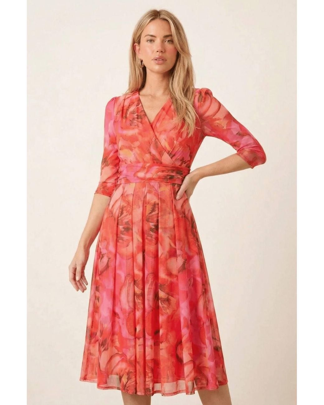 Style Cheat Red Printed Long Sleeve Mesh Wrap Midi Dress